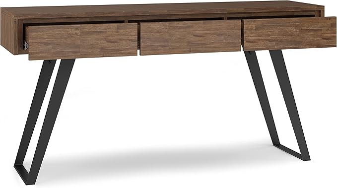 SIMPLIHOME Lowry SOLID ACACIA WOOD and Metal 60 Inch Wide Modern Industrial Console Sofa Table in Rustic Natural Aged Brown, For the Living Room, Entryway and Bedroom