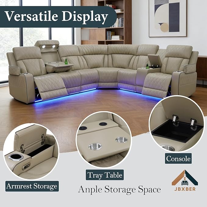 Power Recliner Sectional Sofa Set, Beige Leather Sectional Couch and Loveseat for Living Room, L Shape Reclining Sofa with Cup Holder, Hidden Storage, Drop-Down Table for House(8 Seat)