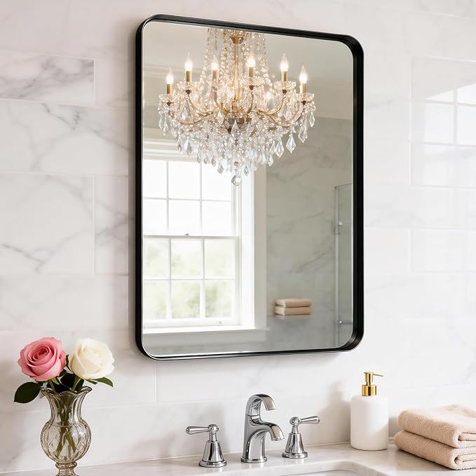 Black Bathroom Mirror 22" x 30" Mirrors,Metal Frame Wall Bathroom Mirrors,Farmhouse Rectangle Mirror, Bathroom Mirrors for Over Sink,Horizontal or Vertical Hanging
