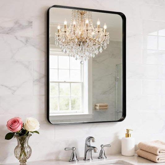 Black Metal Frame Wall Mount Bathroom Mirror, 22x 34 Inch Rectangular Round Mirror, Matte Black Vanity Mirror, Farmhouse Style, Hang Horizontally or Vertically