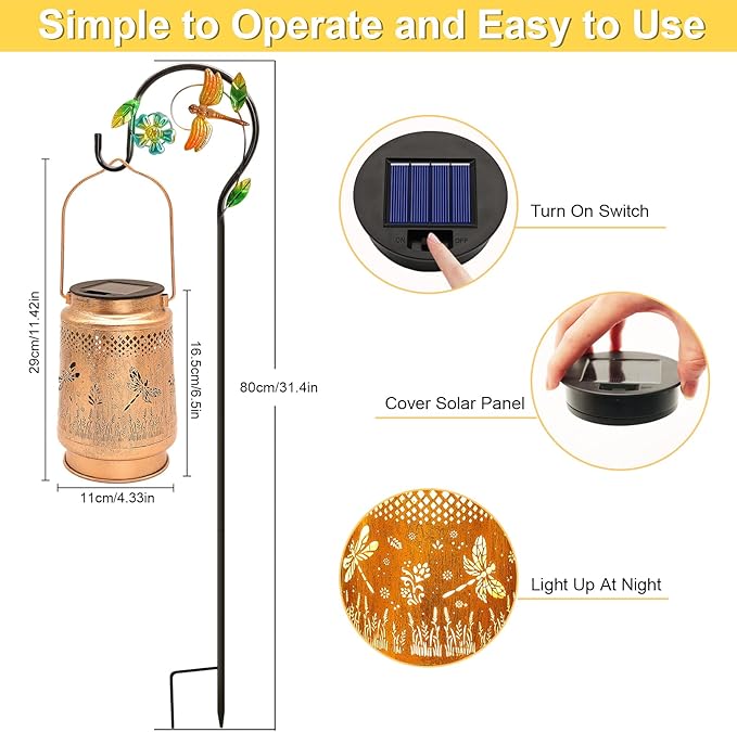 Solar Lanterns Outdoor Waterproof Dragonfly Garden Decor, Gifts for Women Mom Grandma Birthday, Hanging Solar Lights Metal LED Decoration with Shepherd Hook Outside for Yard Patio Lawn Porch