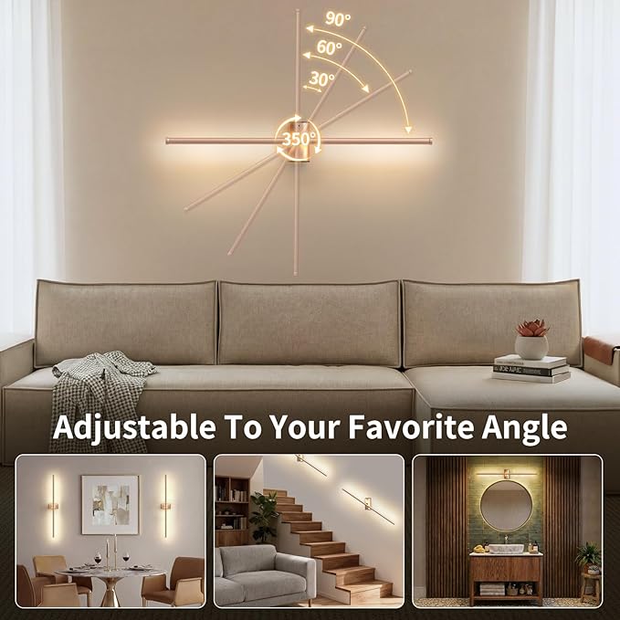 ONEWISH Battery Operated Wall Sconces Set of 2, 27.75" Rechargeable Wall Lights with Remote & Removable Battery, 3-Color Dimmable Wireless Sconces for TV Wall Decor, Picture Light, Bedroom, Gold