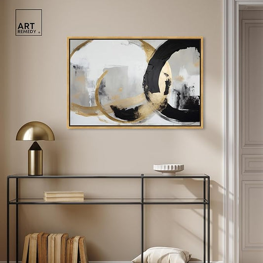 Art Remedy Another Dimension Canvas Modern Black White Abstract Wall Art, Gold Frame, 36" x 24"