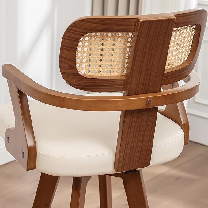 Swivel Bar Stools Set of 2 - 30 inch Mid Century Bar Stools with Walnut Craftsmanship, Curved Rattan Back, Upholstered Seat, Bar Height BarStools for Kitchen/Pub/Island/Cafe (30" Seat Height, Beige)