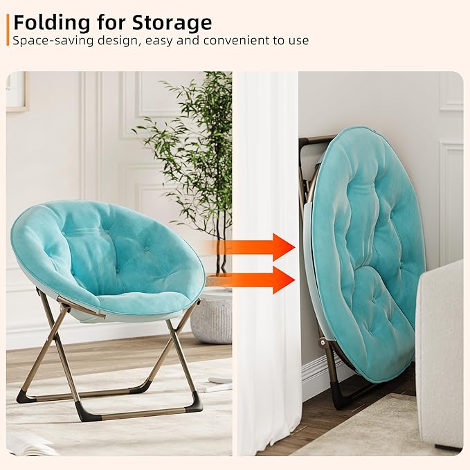 Comfy Oversized Saucer Chair, Soft Furry Padded Accent Lazy Sofa Chair for Adults, X-Large Metal Frame Folding Lounger for Bedroom, Living Room, Home Office, Blue+Gold