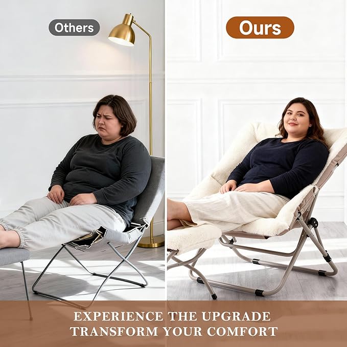 Saucer Chair with Ottoman, Oversized Dorm Chairs, X-Large Faux Fur Folding Chair, Foldable Metal Frame Chair for Bedroom, Living Room (Beige)