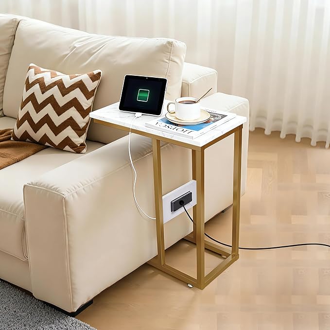VECELO C-Shaped End Side Table with Charging Station & 2 USB Ports and Outlets for Living Room, Bedroom, with Adjustable Feet for Couch Sofa, Bedside, Small Spaces， Gold