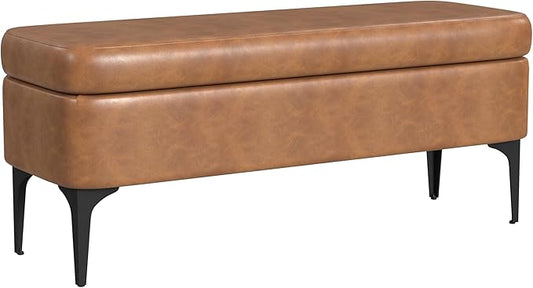 HomePop Upholstered Storage Bench with Metal Leg, 42" W, Carmel Faux Leather