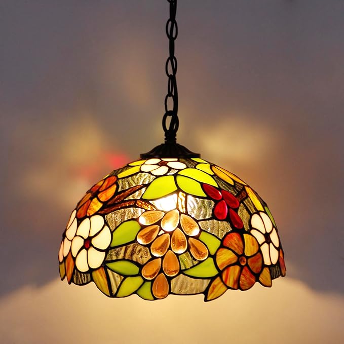 Tiffany Pendant Light Plug in 12 Inch Green Purple Grape Stained Glass Hanging Lamp with Chain 33 Inch, Cord 15 Feet