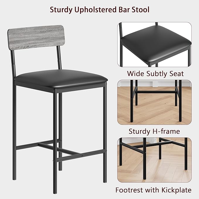 IDEALHOUSE Dining Table and Chairs, Bar Table Set with 2 Upholstered Bar Stools, 3 Piece Dining Room Set for Small Space, Apartment, Retro Grey