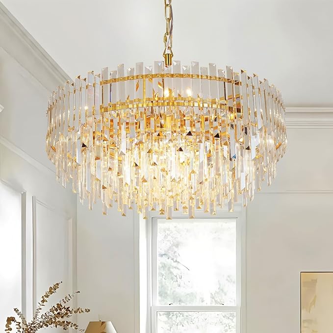 Gold Crystal Chandelier Modern Chandeliers Raindrop Lighting Pendant Lights Fixtures Ceiling for Living Room Dining Rooms Entryway Round Hanging D27.55''