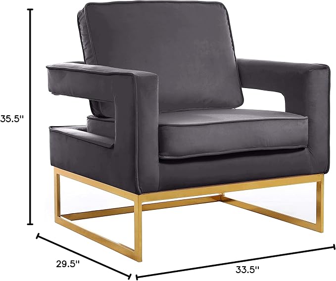 Meridian Furniture Noah Collection Modern | Contemporary Velvet Upholstered Accent Chair with Durable Stainless Steel Base, Grey, Gold Base