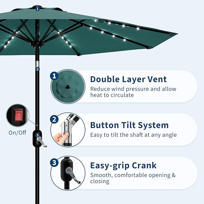 Patio Umbrella with Solar Lights, Outdoor Table Umbrella with 8 Durable Ribs, Tilt & Crank Mechanism, Water & UV Protection Sun Shade Umbrella for Garden, Poolside, Backyard (Turquoise, 9 FT)