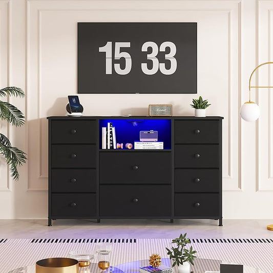 NONGSHIM Dresser with Charging Station and LED Lights, Long Dressers for Bedroom Dresser TV Stand with 10 Drawers, Fabric Chest of Drawers with PU Finish, Wide Dressers Storage Organizer, Black
