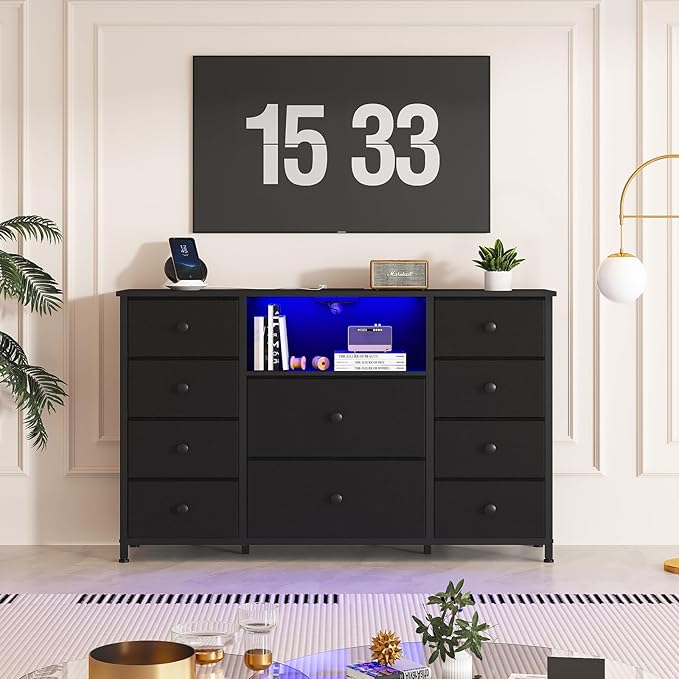 Dresser for Bedroom with 10 Drawers, Black Storage Organizer TV Stand for 55" TV with LED Lights and Sockets, Fabric Chest of Drawers with PU Finish for Kid Room, Entryway, Living Room, Hallway
