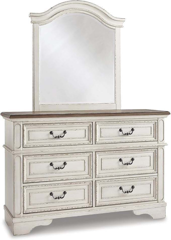 Signature Design by Ashley Realyn Cottage 6-Drawer Dresser and Mirror with Safety Stop and Felt-Lined Top Drawer, White