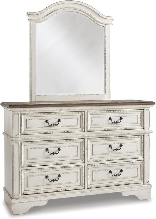 Signature Design by Ashley Realyn Cottage 6-Drawer Dresser and Mirror with Safety Stop and Felt-Lined Top Drawer, White