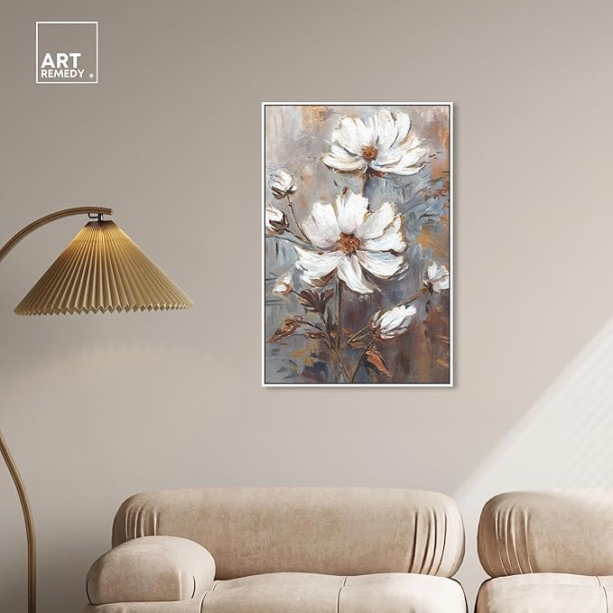 Art Remedy White Textured Flowers Canvas Elegant Floral Wall Art, White Frame, 24" x 36"