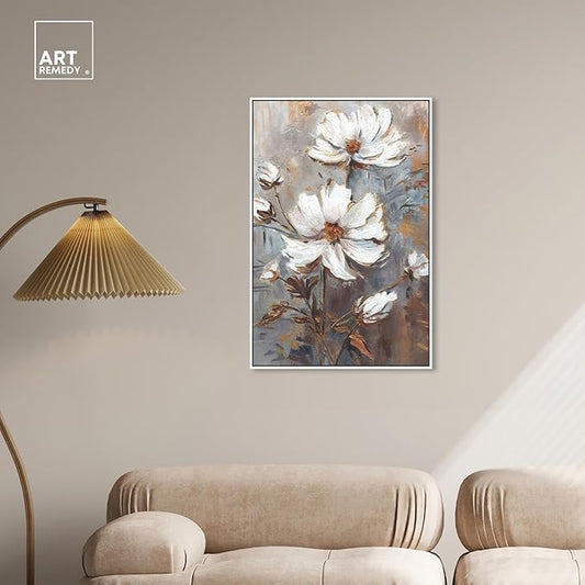Art Remedy White Textured Flowers Canvas Elegant Floral Wall Art, White Frame, 24" x 36"