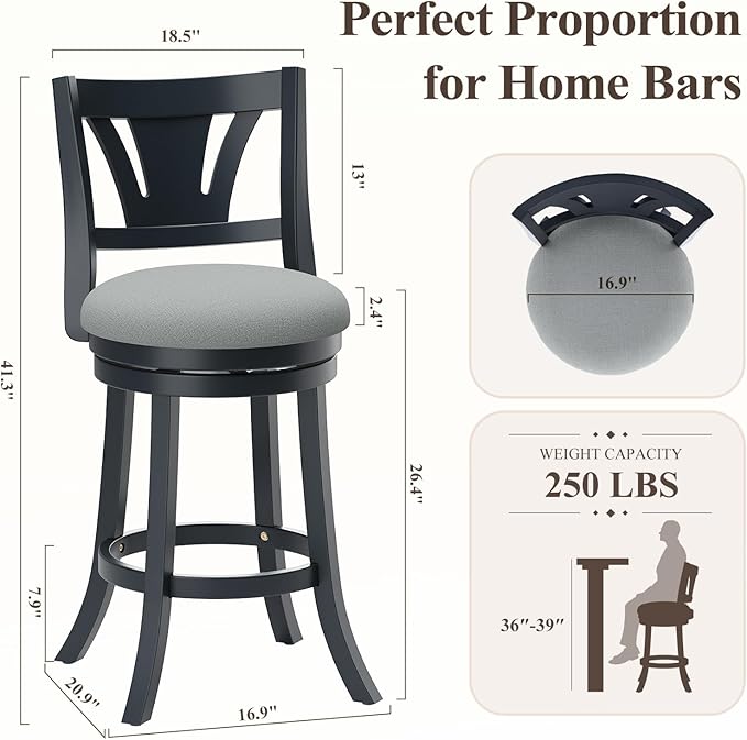 Swivel Bar Stools Set of 1,26 Inch Counter Height Barstool with Silent Rotation, High-Density Foam Cushion, Solid Wood Frame, Footrest & Anti-Slip Pads for Kitchen Islands and Home Bars (Grey)