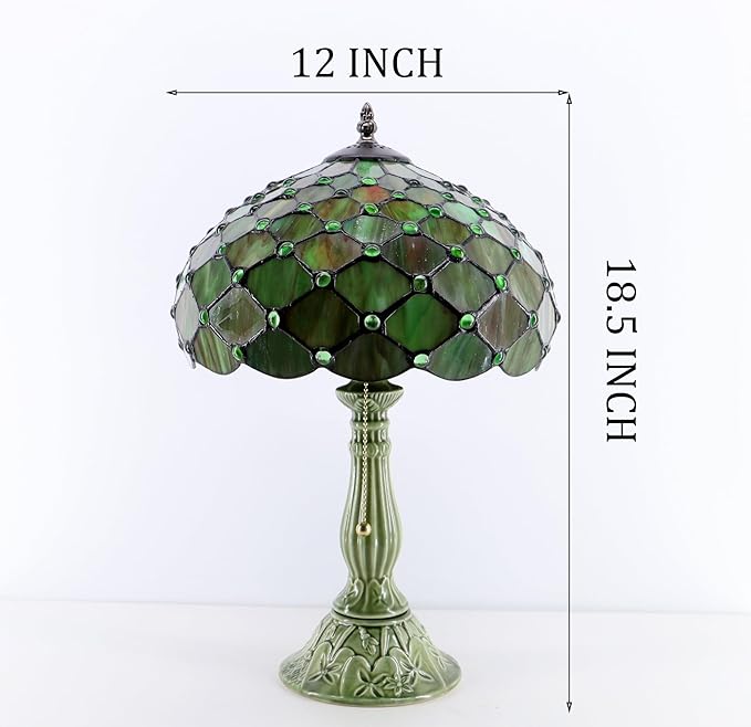 Tiffany Lamp Stained Glass Table Lamps Brownish Green Pearl Style Desk Lamp 12X12X18.5 Inch Bronze Ceramic Base Reading Light Suitable for Bedside Bedroom Living Room Dining Room Office
