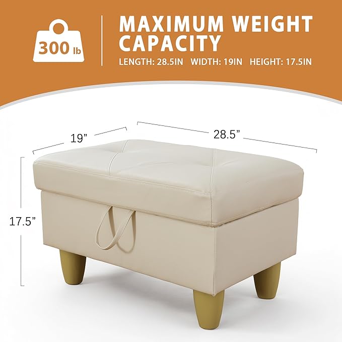 Ottoman Rectangular Storage Ottoman Bench, Faux Leather Footrest, Coffee Table, Stool Footstool with Hinged Lid for Living Room, Bedroom, Entryway, Off-White, 28.5"x19"x17.5"