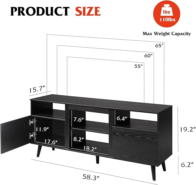 WLIVE Mid-Century Modern TV Stand for 55 60 65 Inch TV, Entertainment Center with Extra Open Shelf & Storage Cabinets, Media TV Console for Living Room Bedroom Office, Black