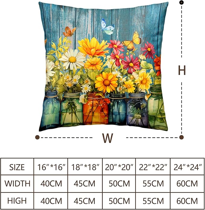 Daisy Vase Pillow Covers 18x18 Set of 2 Rustic Floral Sunflower Wood Board Decorative Throw Pillow Cases Spring Summer Vintage Flowers Outdoor Pillowcase for Farmhouse Couch Sofa Decor