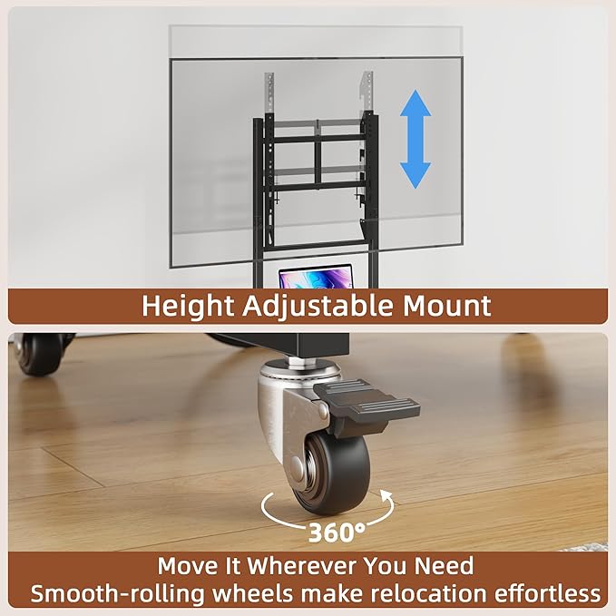 Rolling TV Stand with Wheels and Mount & Fabric Drawer - Entertainment Center with Power Outlet and Small TV Stand for Bedroom, Living Room - 15" Black