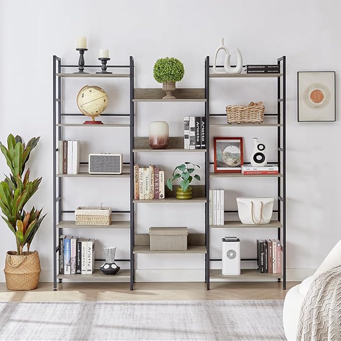 SKYXIU Triple Wide 5 Tier Bookshelf,Rustic Industrial Style Bookcases and Bookshelves with 14 Open Display Shelves,Large Open Bookshelves for Home&Office
