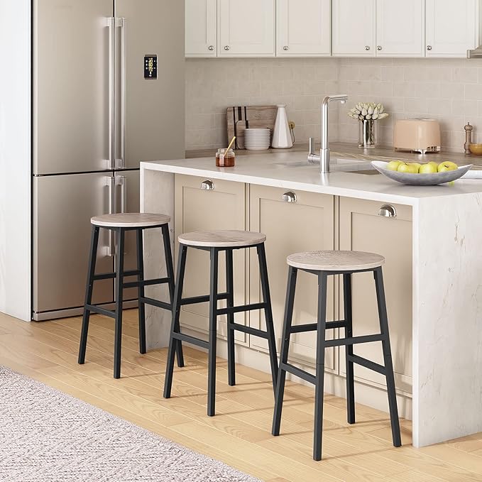 Bar Stools, Set of 2 Round Bar Chairs with Footrest, 24.4 Inch Kitchen Breakfast Bar Chairs, Industrial Bar Stools, Easy Assembly, for Dining Room, Kitchen, Greige BAHG0201Z (Pack of 3)