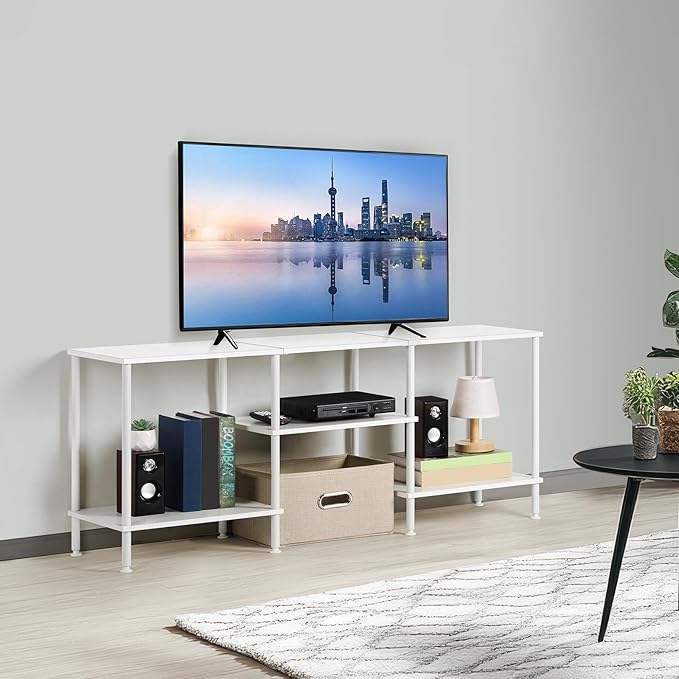 White TV Stand Bedroom with Power Outlets, Small Entertainment Center Stand with Open Storage Shelves for TVs up to 50 Inch, Wood TV Media Console Table with for Living Room, Bedroom