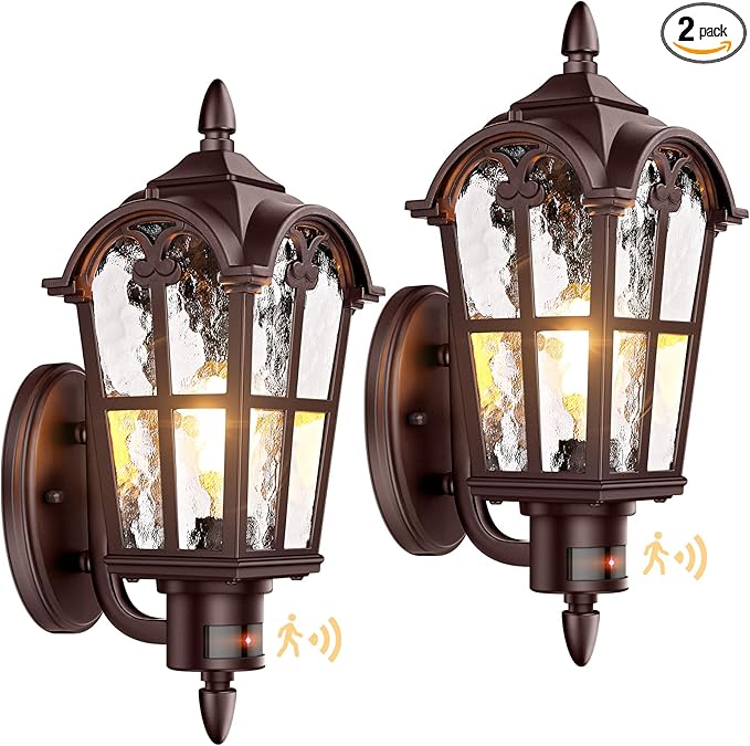 16in 2-Pack Large Motion Sensor Outdoor Wall Lights, Dusk to Dawn Porch Lights Wall Mount, Vintage Exterior Light Fixtures Sconces Lighting, Brown Wall Lanterns Outside Lights for House Front Door