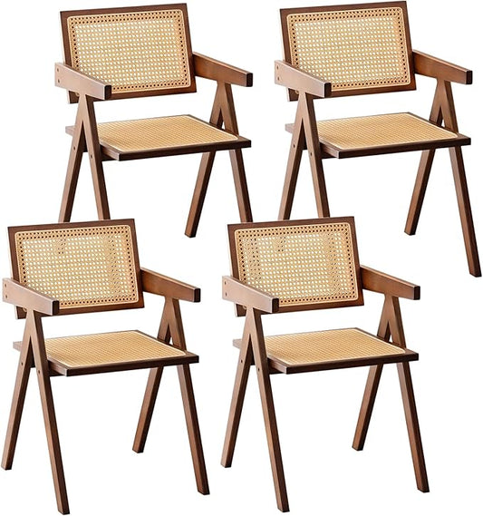 Rattan Accent Chairs, Modern Mid Century Dining Chairs Set of 4, Comfy Armchairs, Outdoor Rattan Chairs with Armrest for Bedroom Living Room Reading Room Dining Kitchen, Brown