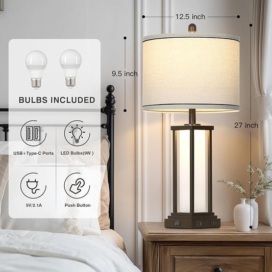 27in Tall Farmhouse Table Lamp Set of 2 with USB C+A & Outlet,Brown Industrial End Table Lamp for Living Room,Vintage Rustic Bedside Lamps with Night Light for Bedroom Nightstand,Brown