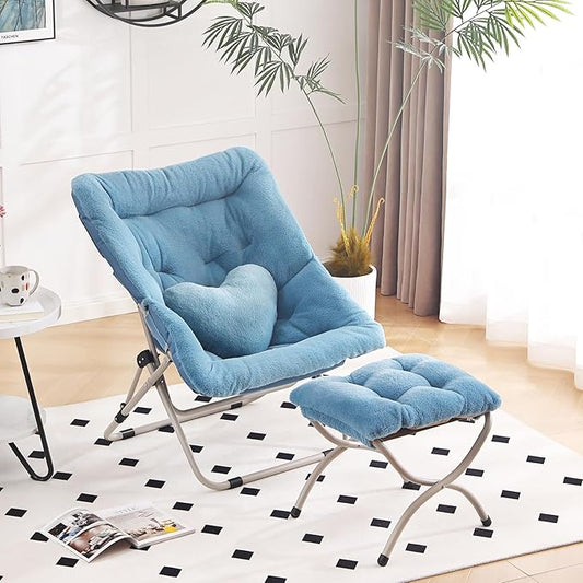 Saucer Chair with Ottoman, Comfy Oversized Folding Chair, Faux-Fur Reading Chair for Teens, Adults, Foldable Accent Lazy Chair, Metal Frame Chair for Living Room, Bedroom, Blue