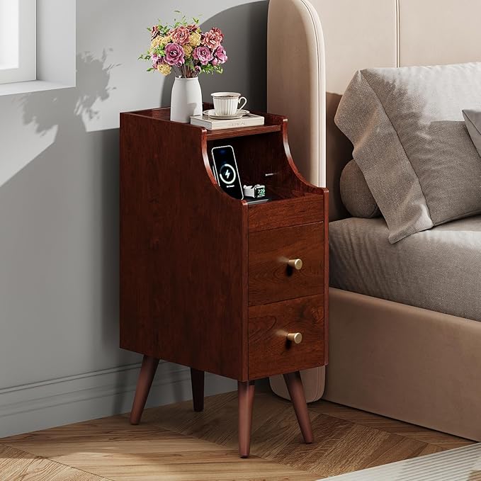 WLIVE Small Nightstand with Drawers, Narrow Bedside Tables with Open Shelf & Cable Hole, Narrow Nightstand for Bedroom, Modern Storage Cabinet for Small Spaces/Living Room, Cherry
