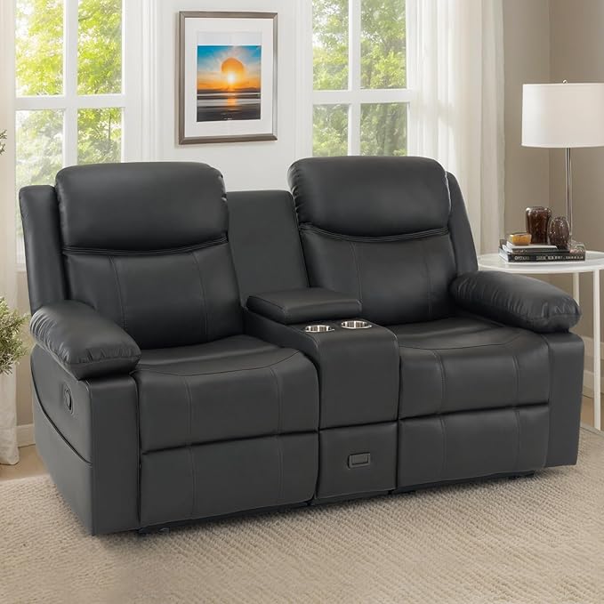 Reclining Loveseat Recliner Sofa with Massage & Heating, Reclining Loveseat with Console, RV Wall Hugger Double Loveseat Recliner Couch for Living Room & Home Theater (Grey)