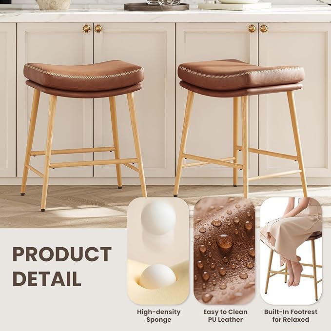 Bar Stools Set of 4, Counter Height Bar Stools with Thick PU Leather Saddle Seat & Sturdy Metal Frame Legs,Backless Bar Stools for Kitchen Island Dining Cafe,Brown