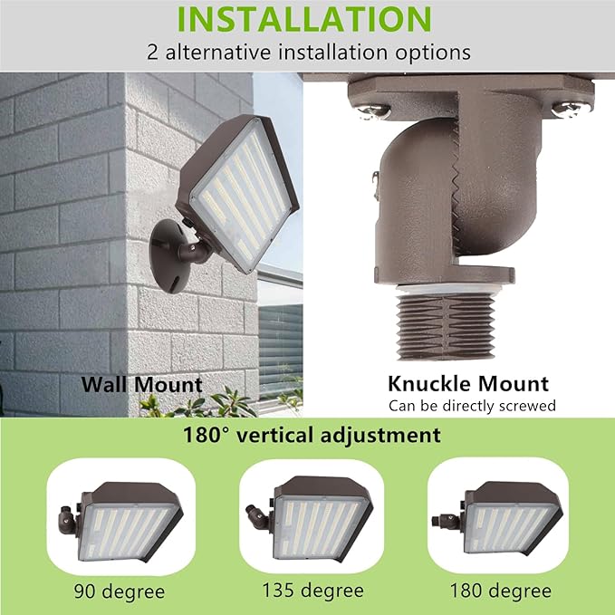 2Pack Dusk to Dawn Outdoor 180W LED Flood Light with Knuckle & Plate Mount, 3000K/4000K/5000K Color Selectable, ETL Commercial LED Security Lighting