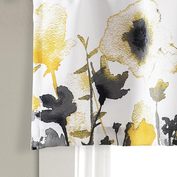 Lush Decor Zuri Flora Room Darkening Valance Curtain Single 52" W x 18" L + 2" Header Yellow & Gray - Valances for Windows - Floral Kitchen Curtains