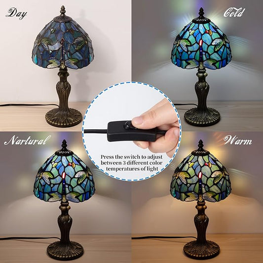 Small Tiffany Table Lamp, 3 Color-Temperature Dragonfly Stained Glass Lamp,8 Inch Tiffany Style Lamp for Bedroom Living Room Home, Handcrafted Light, Included Bulb (Blue)