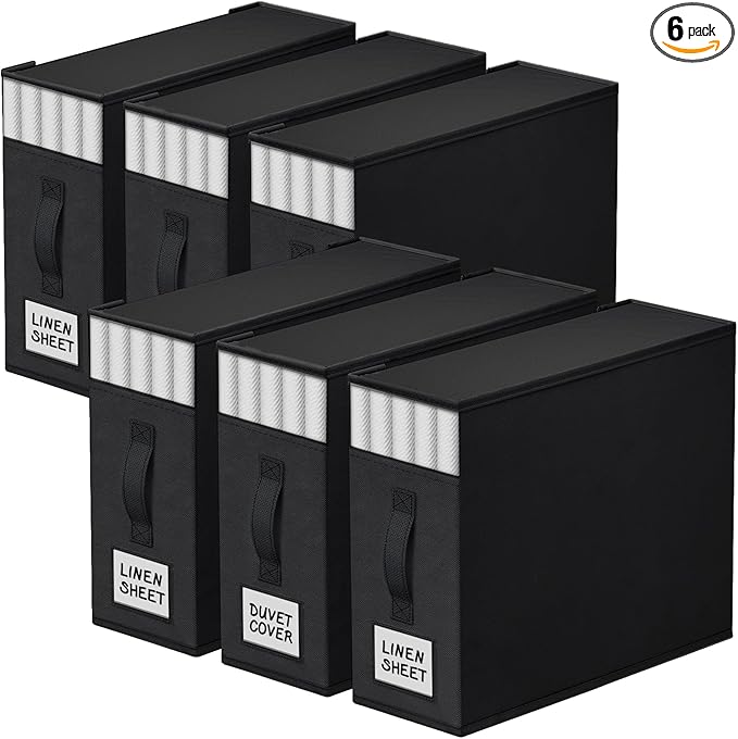 6 Pack Bed Sheet Closet Organizers and Storage,Sturdy Foldable Storage Containers with Window and Label,Storage and Organization for Bedding Sheets,Duvet Covers,Blankets (Black)