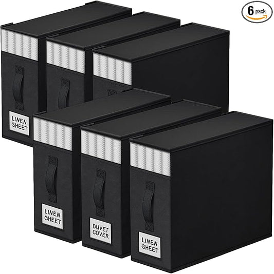 6 Pack Bed Sheet Closet Organizers and Storage,Sturdy Foldable Storage Containers with Window and Label,Storage and Organization for Bedding Sheets,Duvet Covers,Blankets (Black)