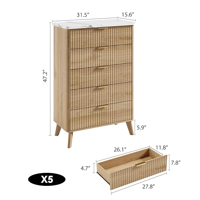 Garvee 5 Drawers Dresser for Bedroom, 47.2" Tall Dressers with Curved Profile Design, Fluted Wood Drawers with Gold Handle, Modern Chest of Dressers with Thickened Design for Living Room, Natural