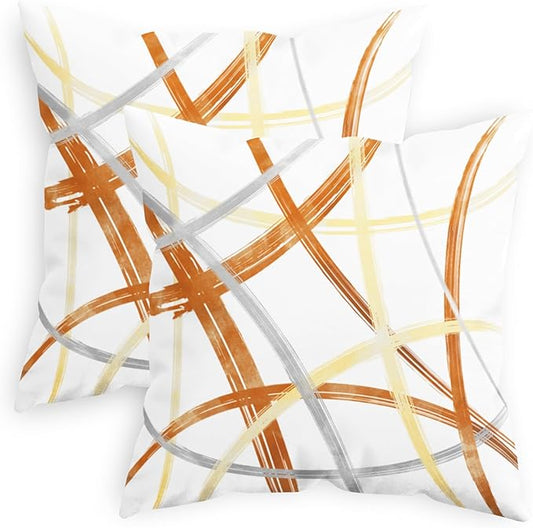 CaliTime Throw Pillow Cases Pack of 2 Cozy Fleece Arc-Shaped Abstract Geometric Lines Decorative Cushion Covers for Couch Bed Sofa Farmhouse Decoration 18 X 18 Inches Burnt Orange Light Gold Grey