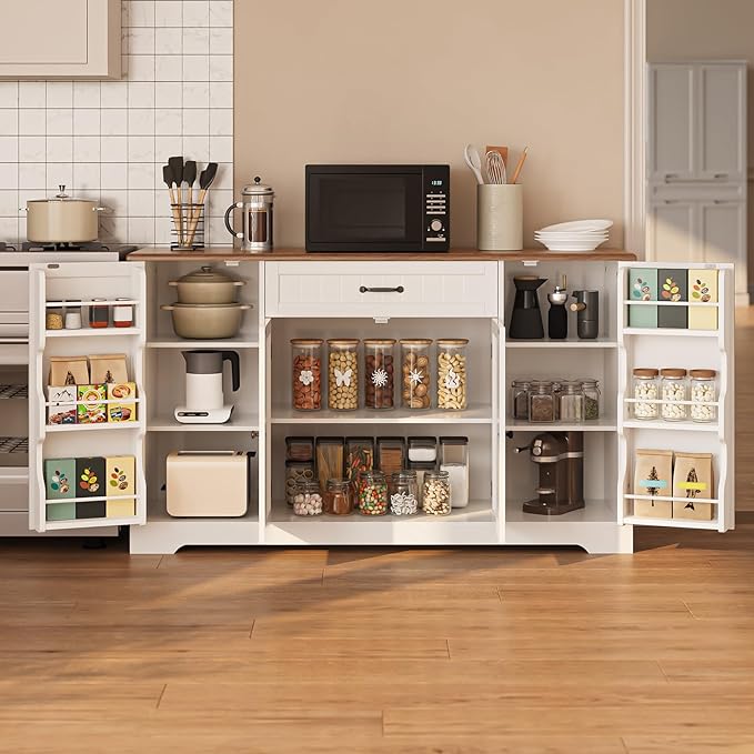 Gizoon 56" Kitchen Coffee Bar Cabinet with Storage Kitchen Sideboard Buffet Cabinet with Drawers, Short Pantry with Door and Shelves for Bathroom and Living Room, White and Rustic