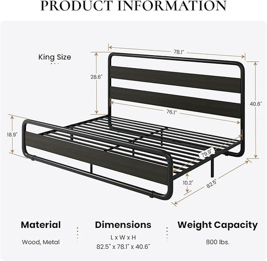 SHA CERLIN King Size Metal Bed Frame with Wooden Headboard and Footboard, Heavy Duty Platform Bed Frame with 10" Under-Bed Storage, Noise-Free, No Box Spring Needed, Black