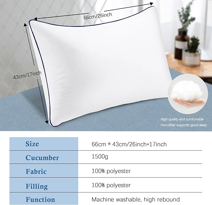 Bed Pillows for Sleeping, 2 Pack, Cooling Hotel Quality Quality with Premium Soft Down Alternative Fill for Back, Stomach or Side Sleepers,17x26Inches