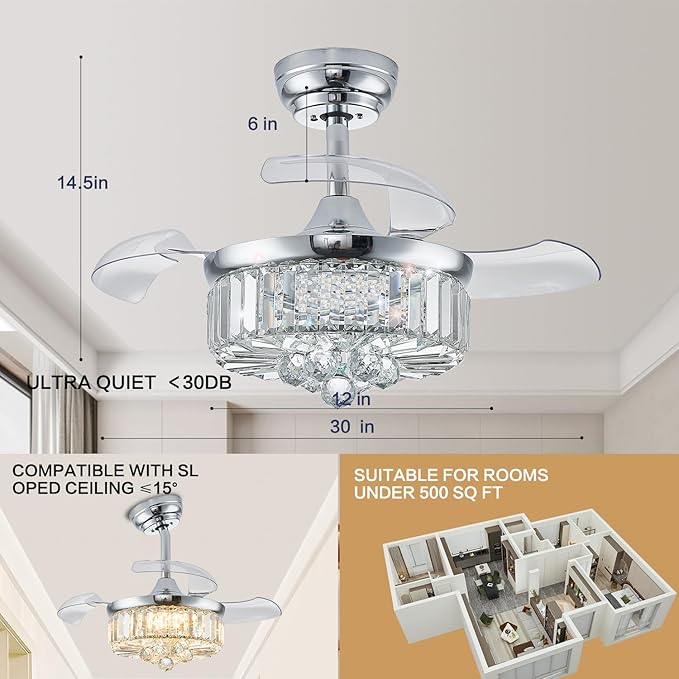 DuMaiWay 30" Chandelier Ceiling Fan with Light Crystal Modern Fandelier Reversible Ceiling Fan Dimmable Retractable Timer for Bedroom Dining Living Room Silver Chrome